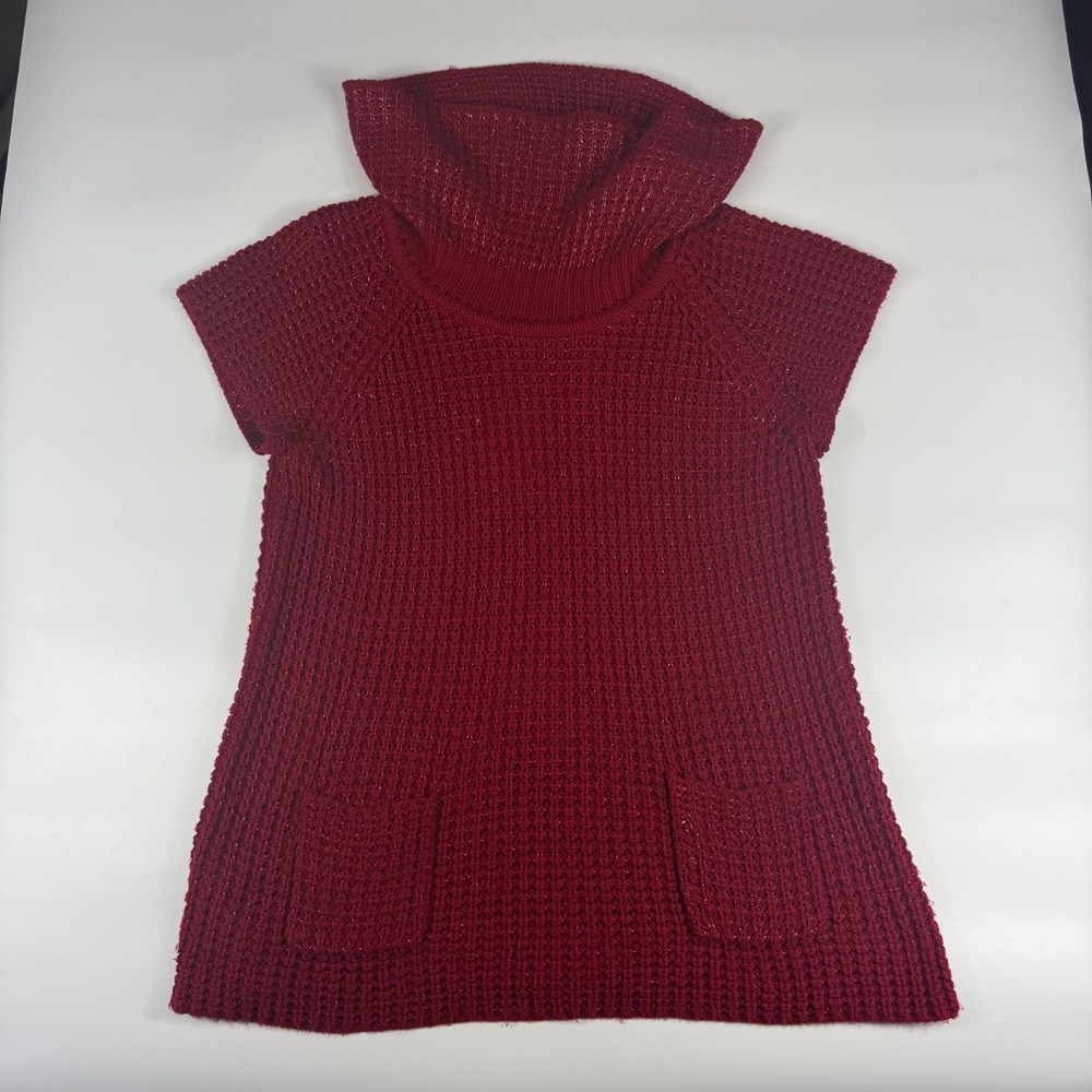 Dressbarn Sweater Women 18/20 Red Waffle-Knit Patch Pocket Cap Sleeve Turtleneck